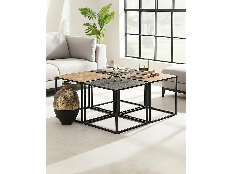 Domino - Table basse carrée en métal bicolore noir et doré