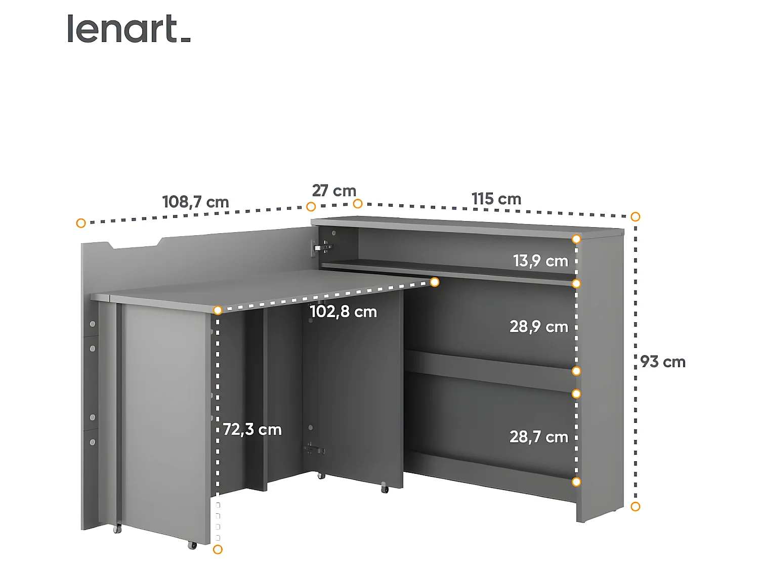 Lenart Ausziehbarer Schreibtisch mit Stauraum WORK CONCEPT CW01 L Links 115 cm Grau