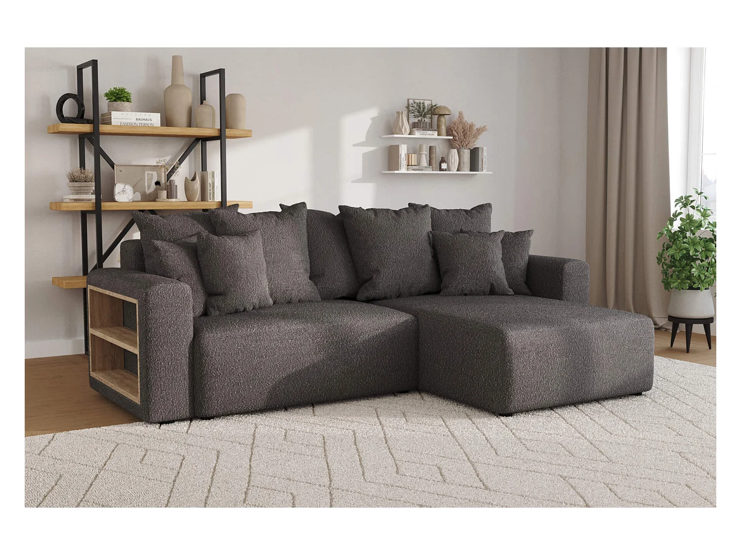 canapé d'angle câlin bouclé gris foncé - salon universel - avec couchage et rangements