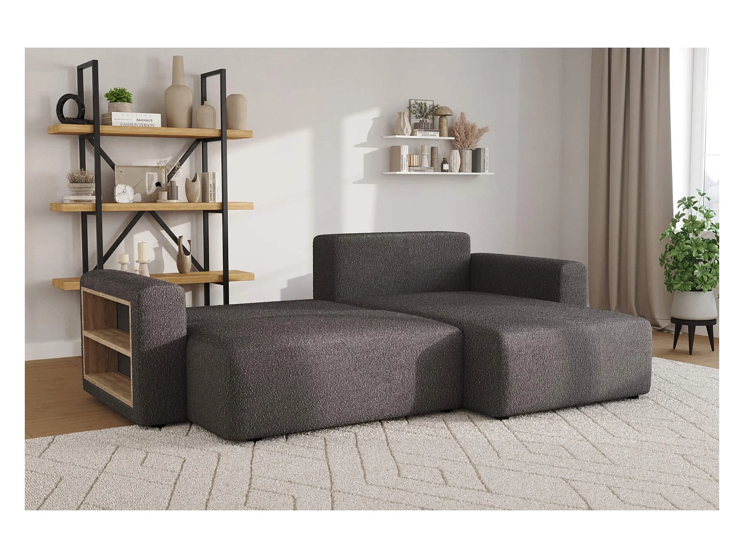 canapé d'angle câlin bouclé gris foncé - salon universel - avec couchage et rangements