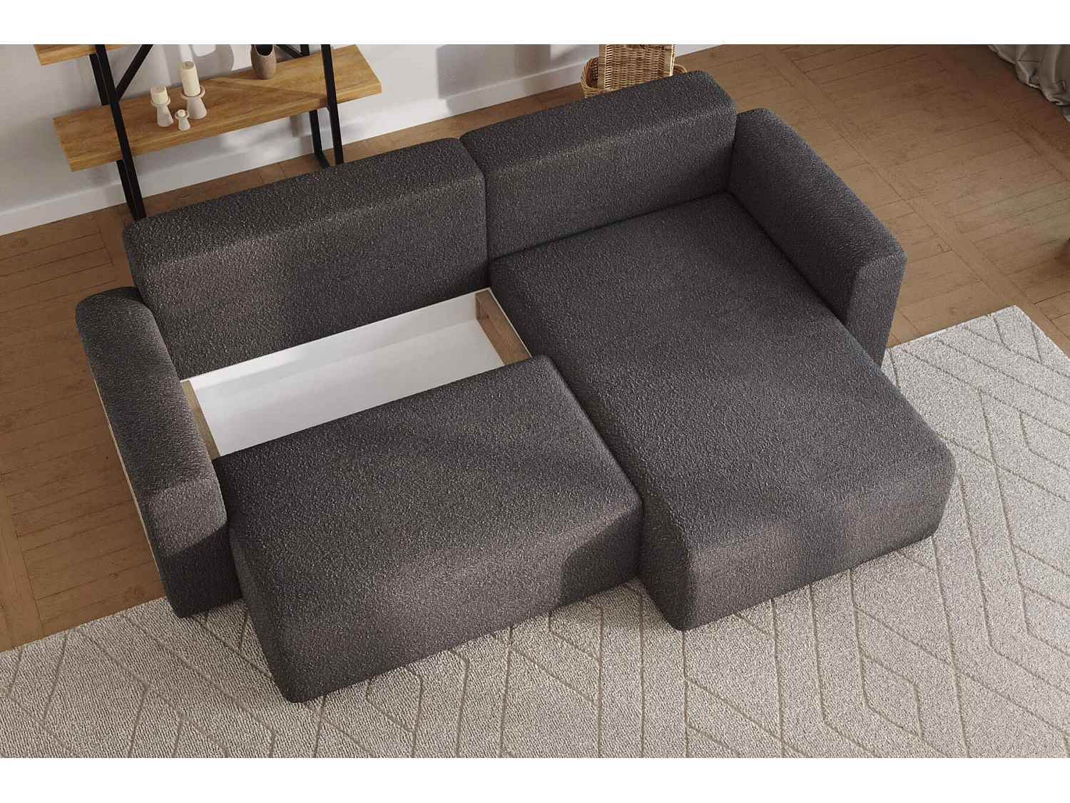 hoekbank cuddle bouclé donkergrijs - lounge universeel - met bed en opbergruimte