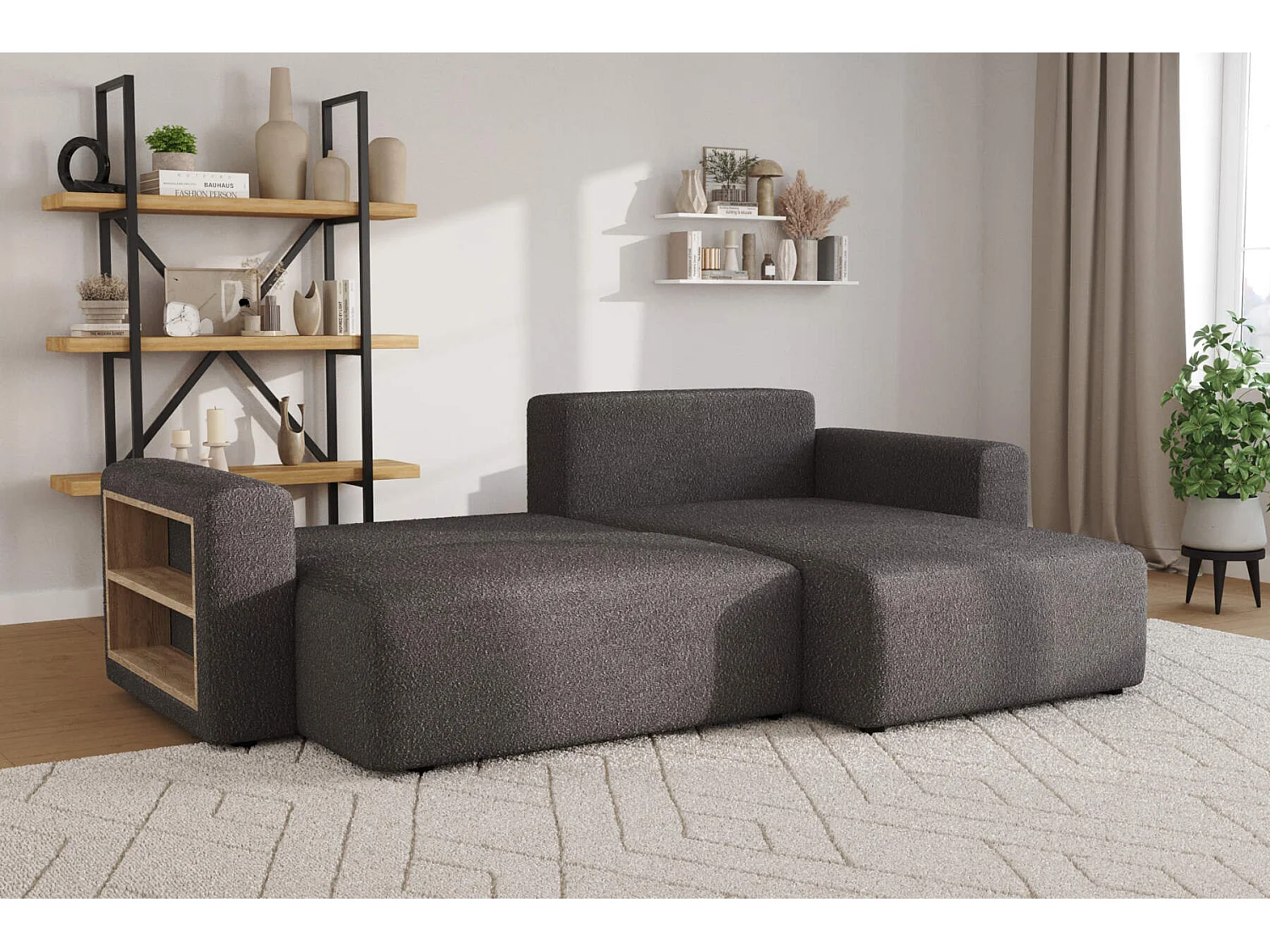 hoekbank cuddle bouclé donkergrijs - lounge universeel - met bed en opbergruimte