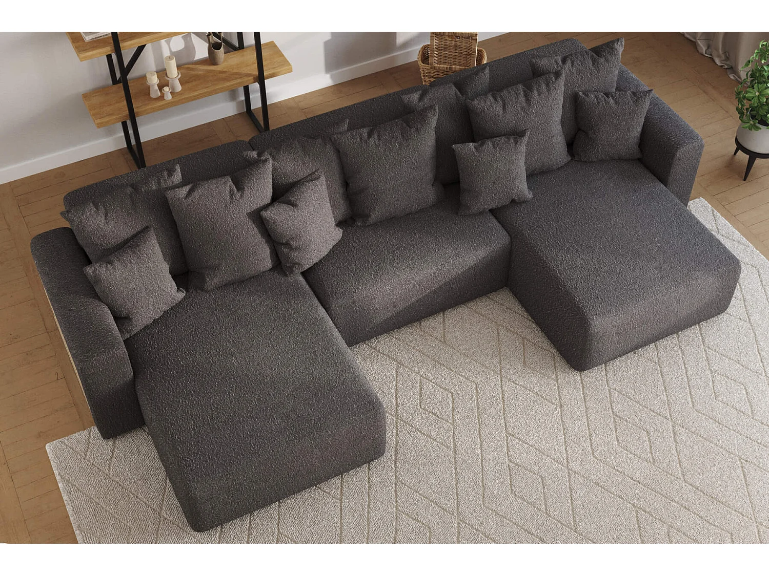 canapé d'angle câlin bouclé gris foncé XL forme U - avec couchage et rangements