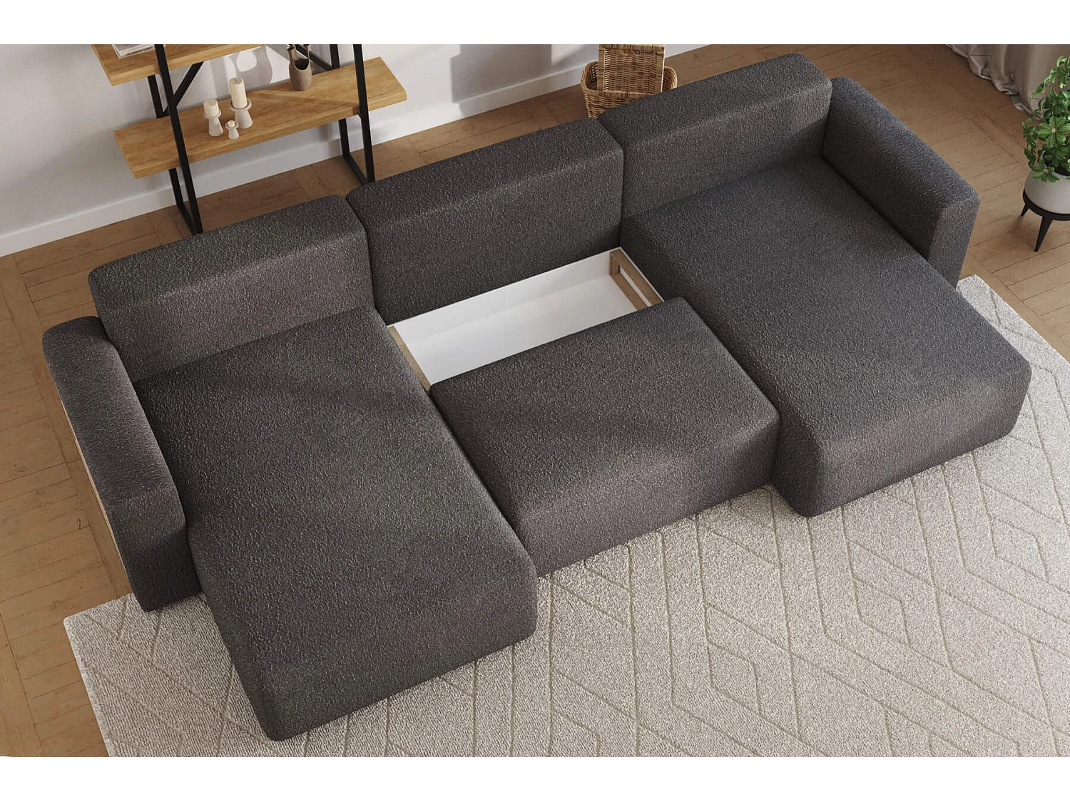 canapé d'angle câlin bouclé gris foncé XL forme U - avec couchage et rangements