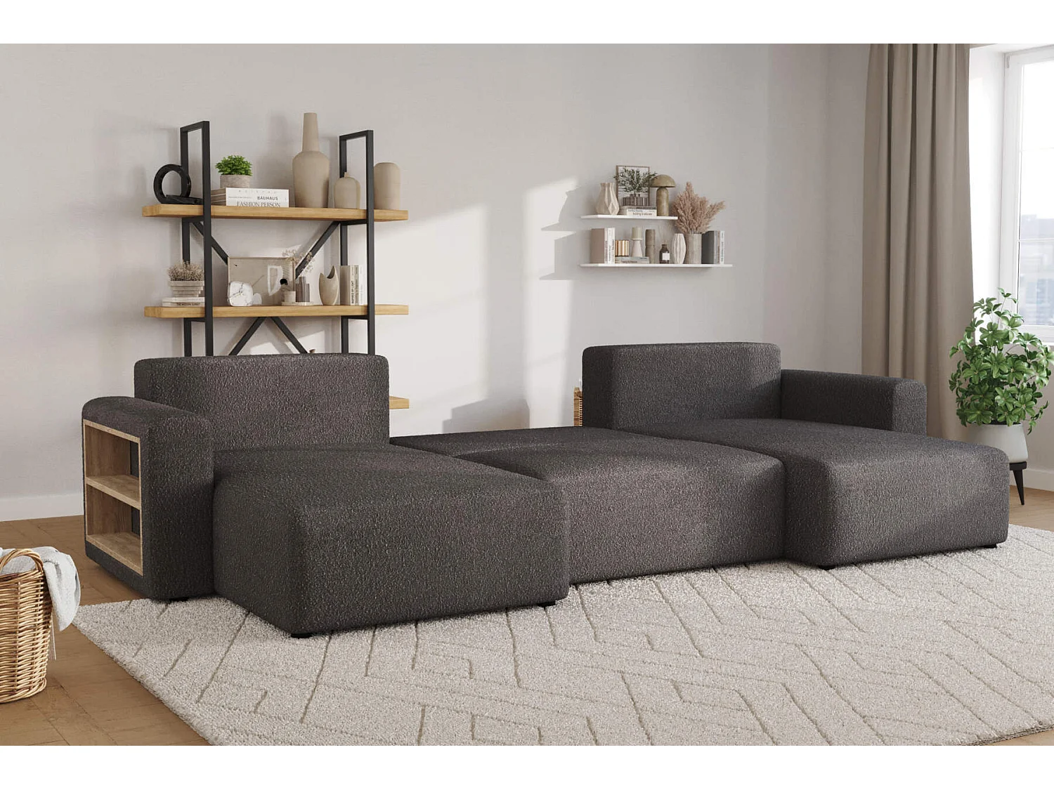 canapé d'angle câlin bouclé gris foncé XL forme U - avec couchage et rangements
