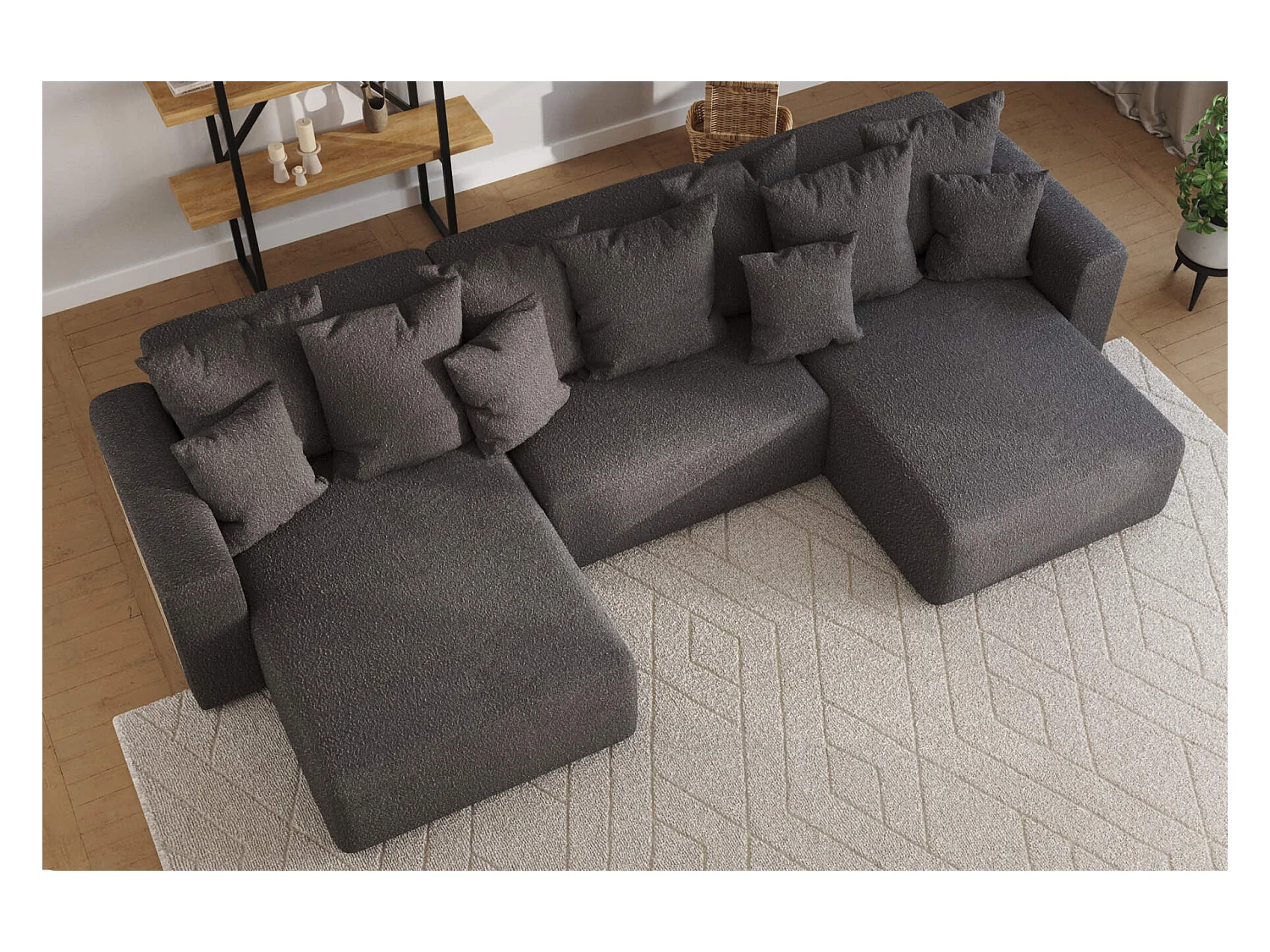 canapé d'angle câlin bouclé gris foncé XL forme U - avec couchage et rangements