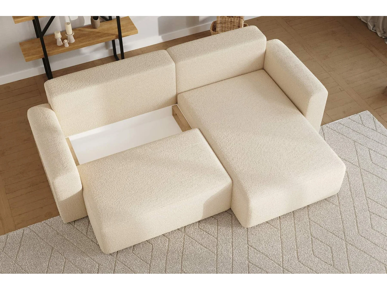 canapé d'angle câlin bouclé beige - salon universel - avec couchage et rangements