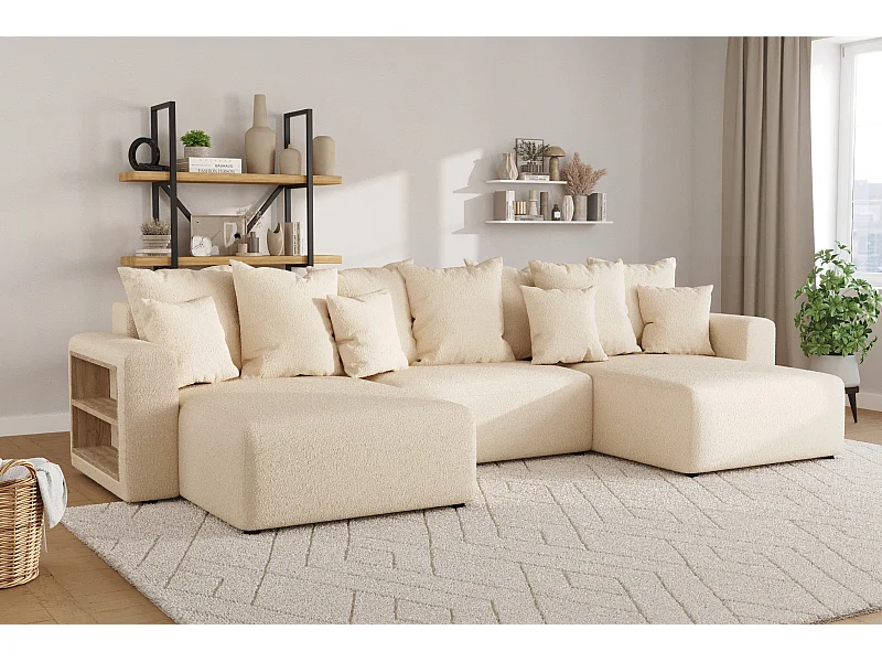 canapé d'angle câlin bouclé beige XL forme U - avec couchage et rangements