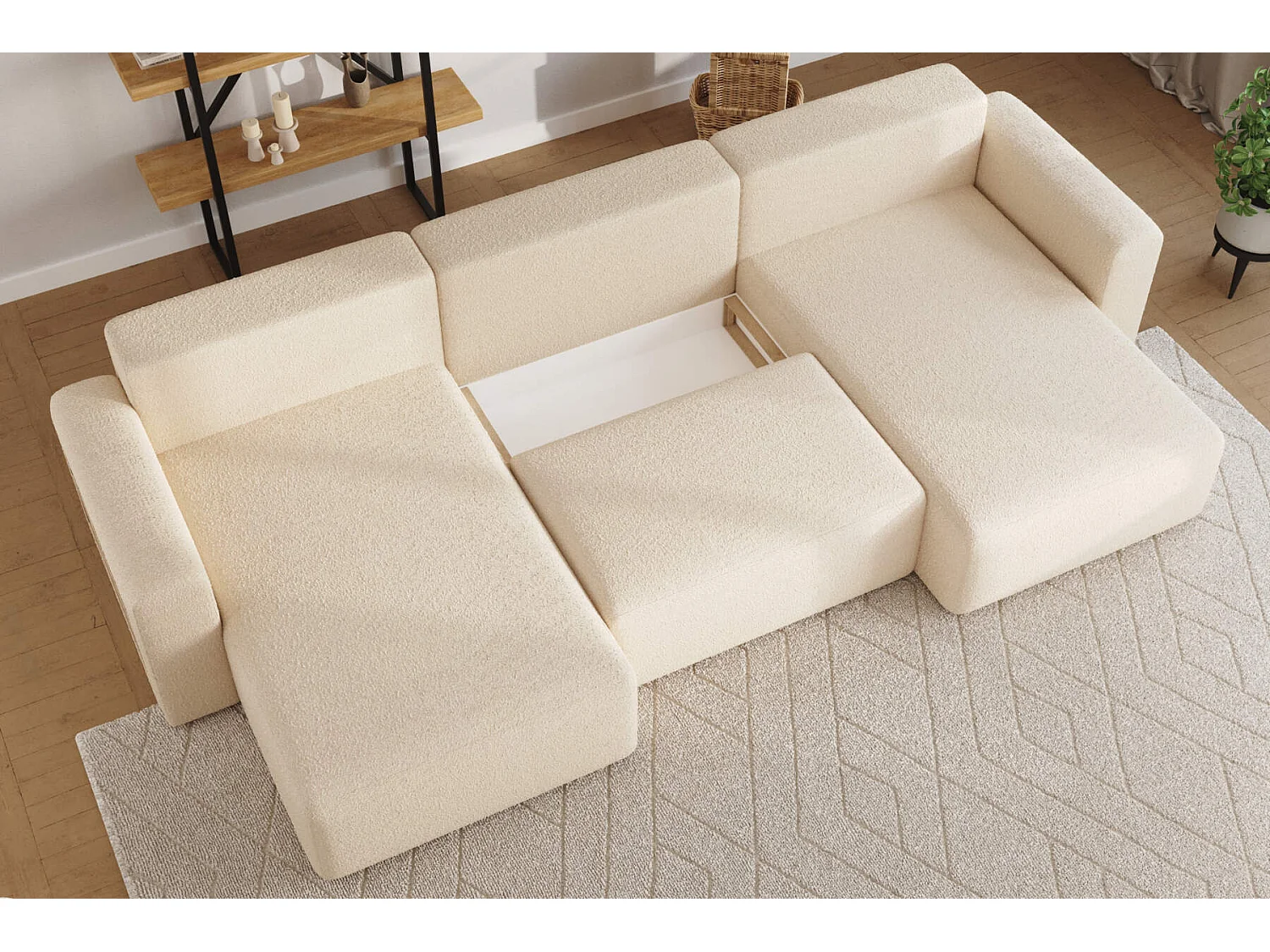 canapé d'angle câlin bouclé beige XL forme U - avec couchage et rangements