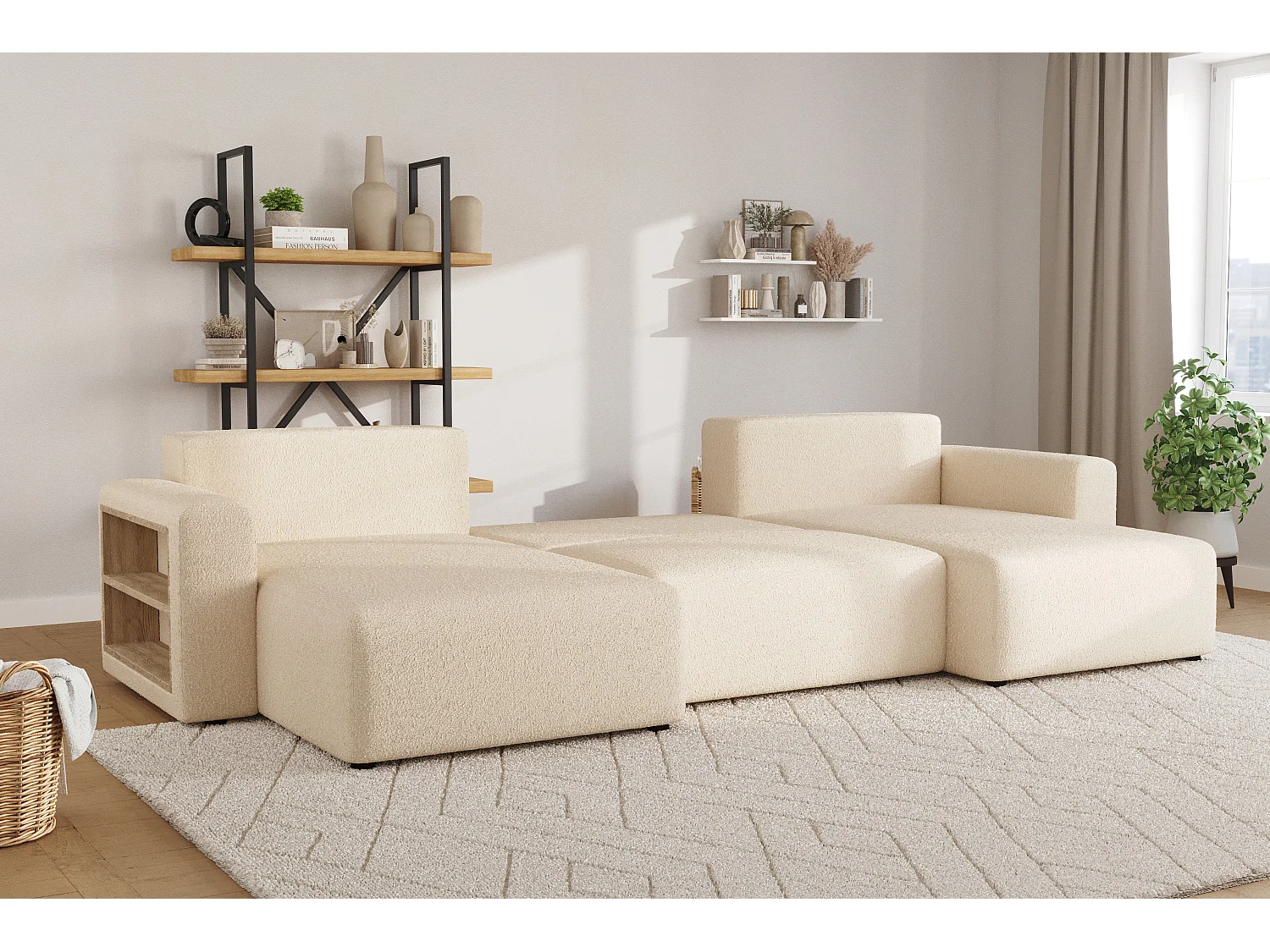 canapé d'angle câlin bouclé beige XL forme U - avec couchage et rangements