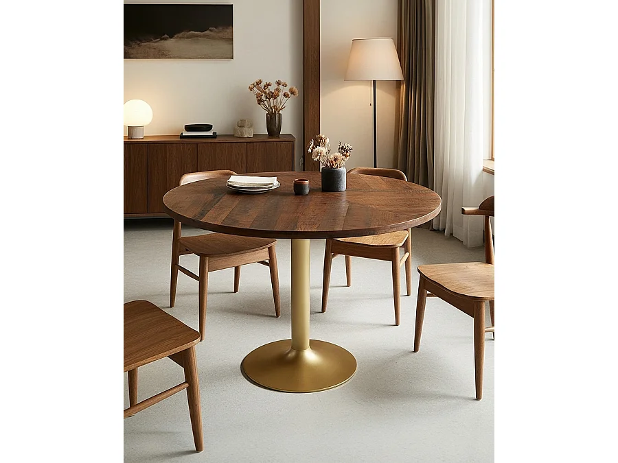 Prague - Table repas ronde en bois massif et pied tulipe doré D110 cm 6 pers