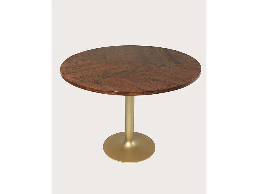 Prague - Table repas ronde en bois massif et pied tulipe doré D110 cm 6 pers