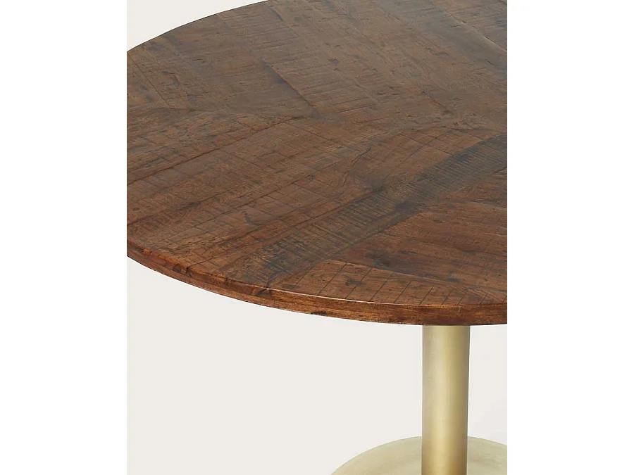 Prague - Table repas ronde en bois massif et pied tulipe doré D110 cm 6 pers