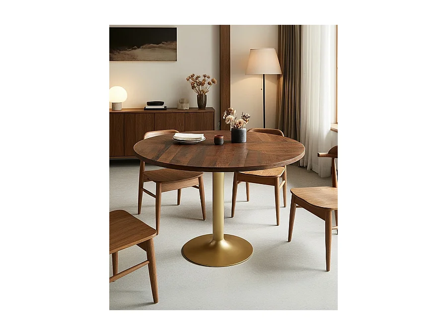 Prague - Table repas ronde en bois massif et pied tulipe doré D110 cm 6 pers