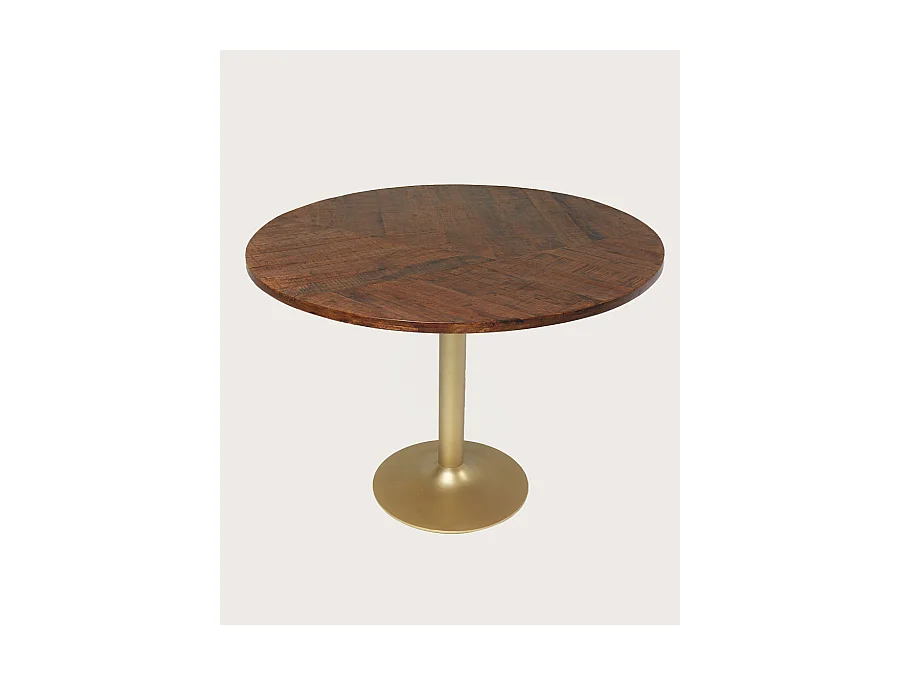Prague - Table repas ronde en bois massif et pied tulipe doré D110 cm 6 pers