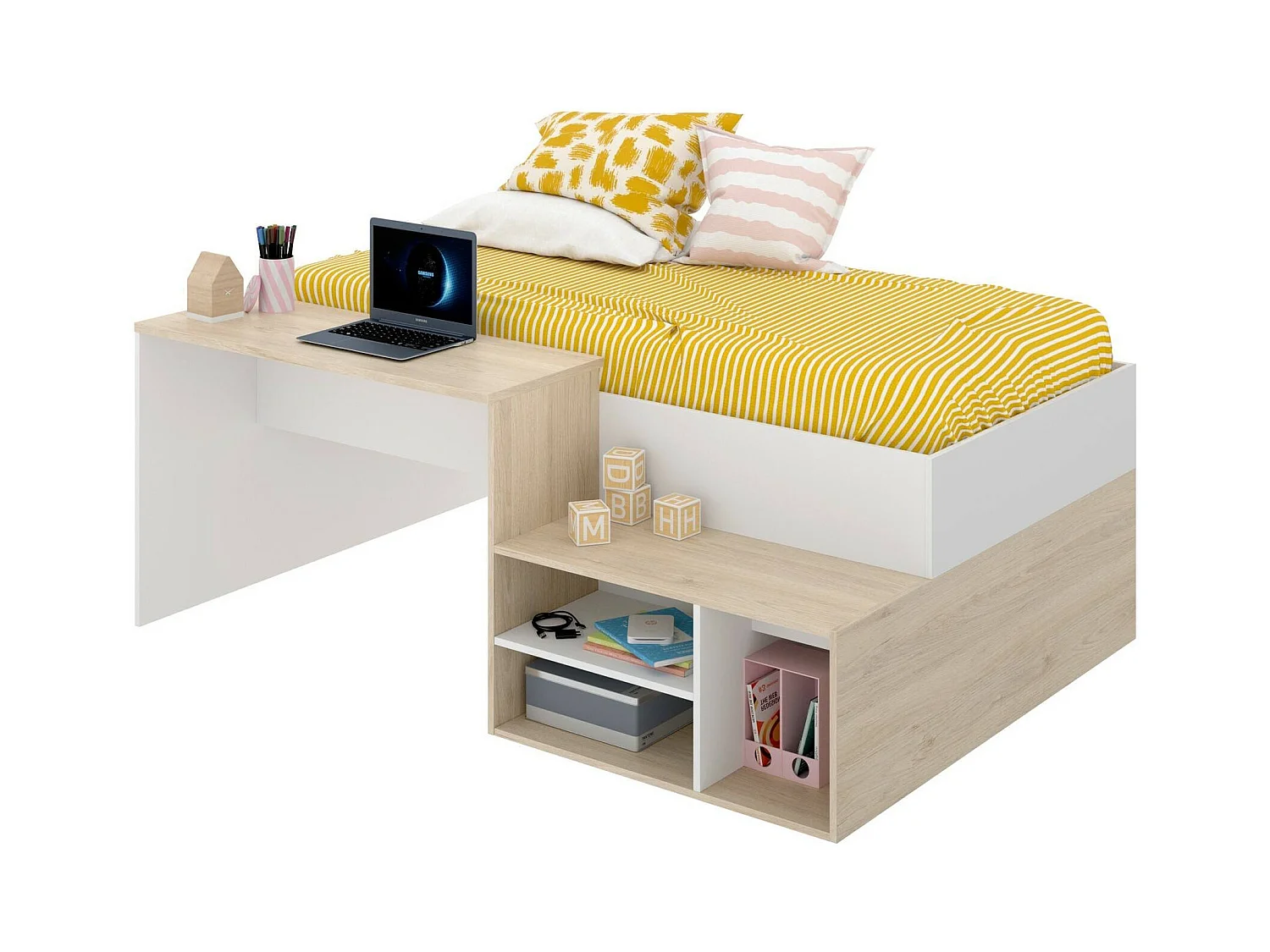 Cama infantil Cervino, Cama de solteiro para quarto, Conjunto com mesa e prateleiras, 195x134h73 cm, Branco e Carvalho