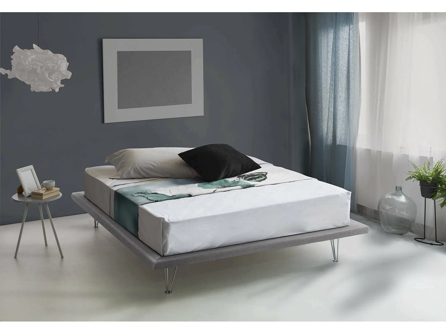 Cama de casal Dgaviol, Cama fixa em tecido com pés, 100% Fabricado na Itália, adequada para colchão 160x200 cm, Cinza