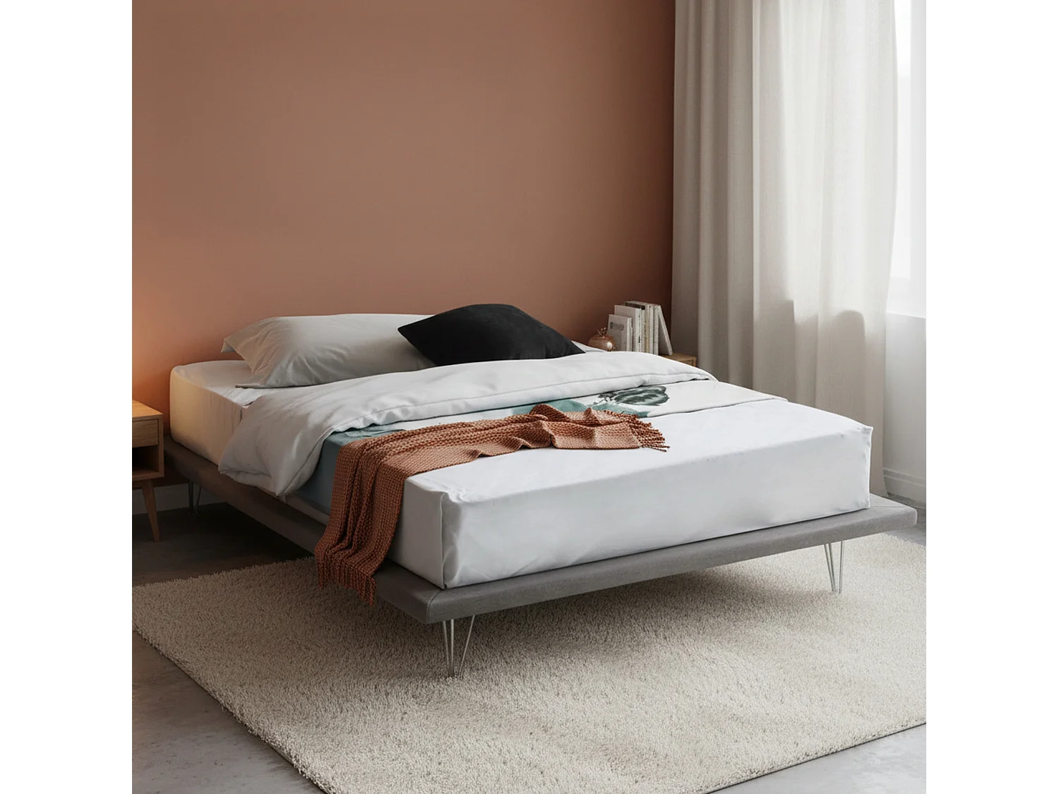 Lit double Dgaviol, Lit fixe en tissu avec pieds, 100% Made in Italy, adapté pour matelas 160x200 cm, Gris