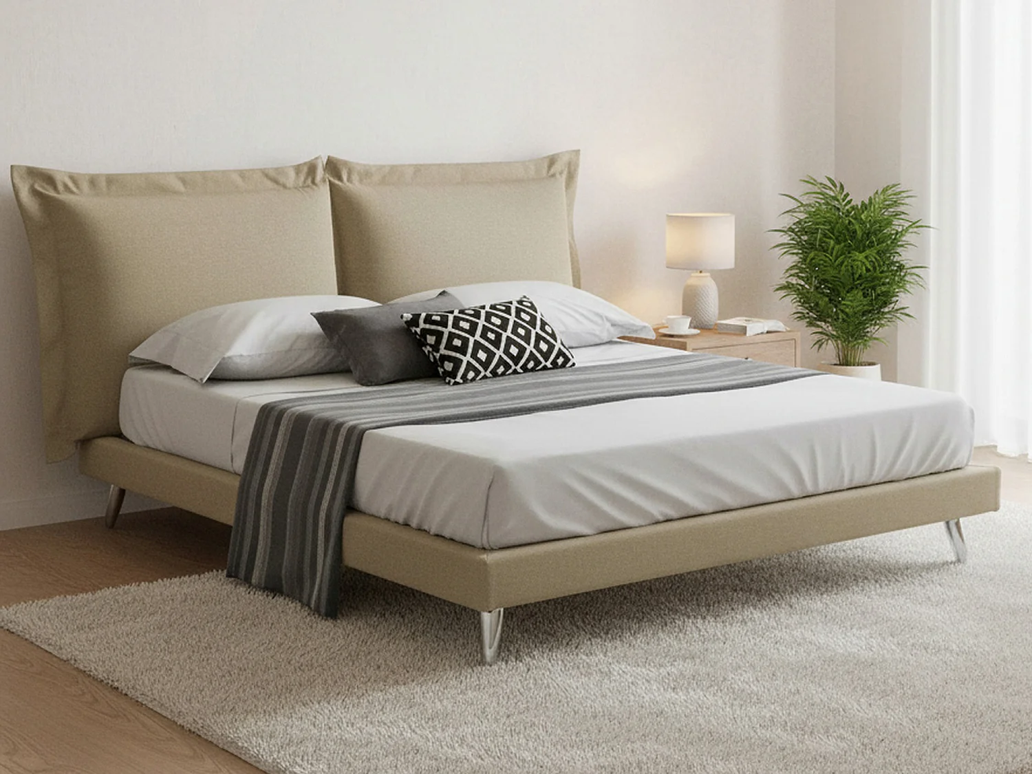 Cama matrimonial Dgiraud, Cama fija en tela con pies, 100% Made in Italy, adecuado para colchón 160x190 cm, Beige