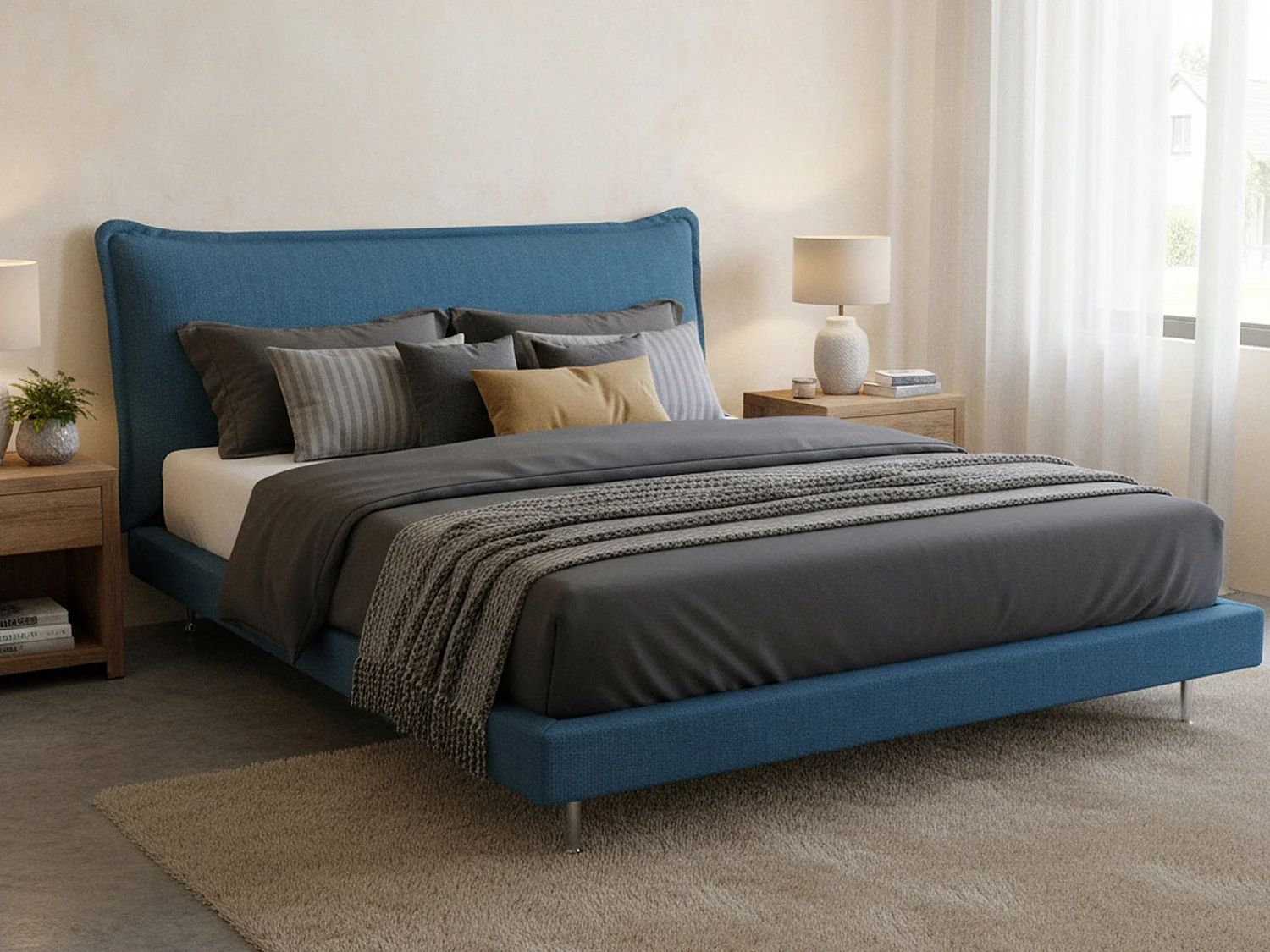 Lit double Dabbat, Lit fixe avec revêtement et tête de lit en tissu, 100% Made in Italy, adapté pour matelas 160x190 cm, Bleu