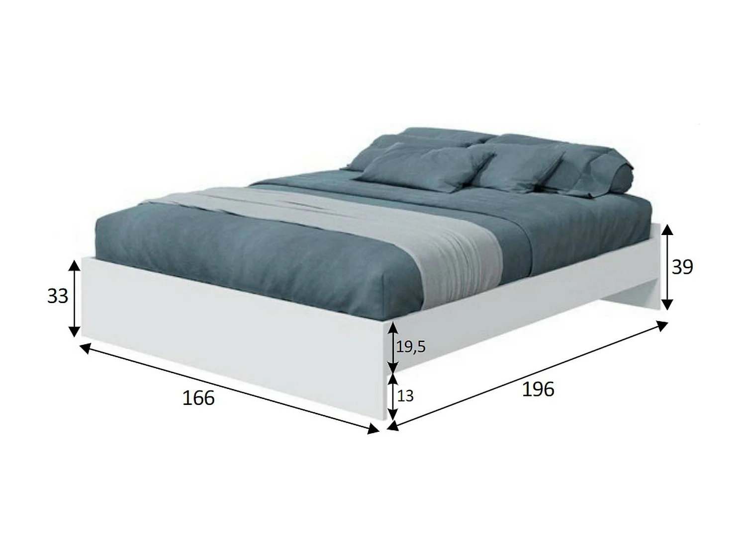 Lit double Dors, Cadre de lit double, Structure de chambre adaptée au matelas 190x160, 166x196h40 cm, Blanc