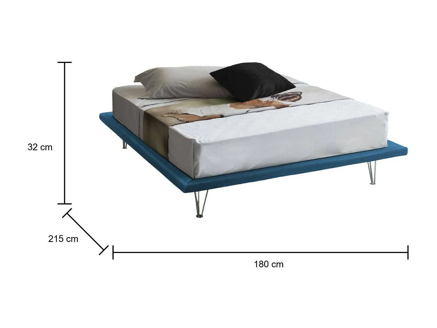 Cama de casal Dgaviol, Cama fixa em tecido com pés, 100% Fabricado na Itália, adequada para colchão 160x200 cm, Azul