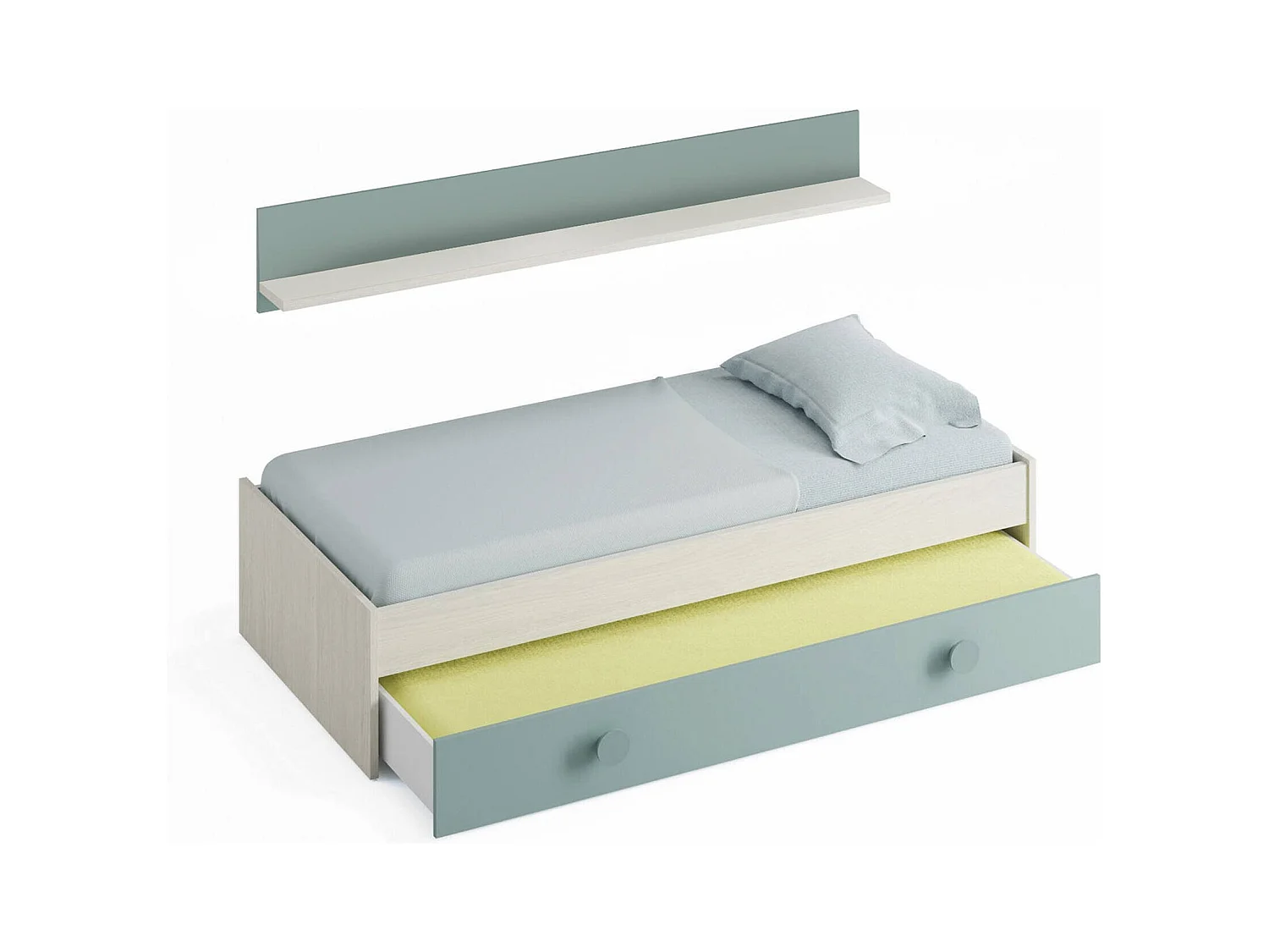 Lit simple Dghion, Cadre de lit pour chambre à coucher, Lit avec lit extractible ou commode et étagère assortie, 201x98h43 cm, Blanc et Vert Aqua
