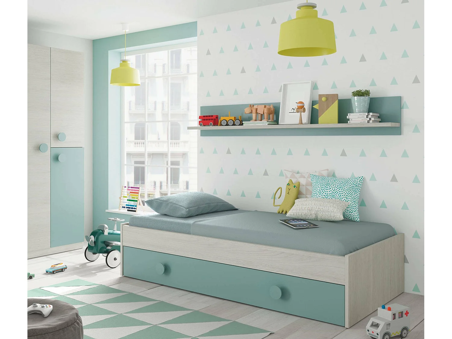 Dmora - Letto per bambini Aqua, 201x98h43 cm, Bianco e Verde acqua