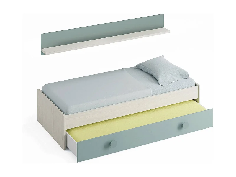 Einzelbett-Bett Dghion, Bettrahmen für Schlafzimmer, Einzelbett mit ausziehbarem Kinderbett oder Kommode und passendem Regal, 201x98h43 cm, WeiÃŸ und blaugrün