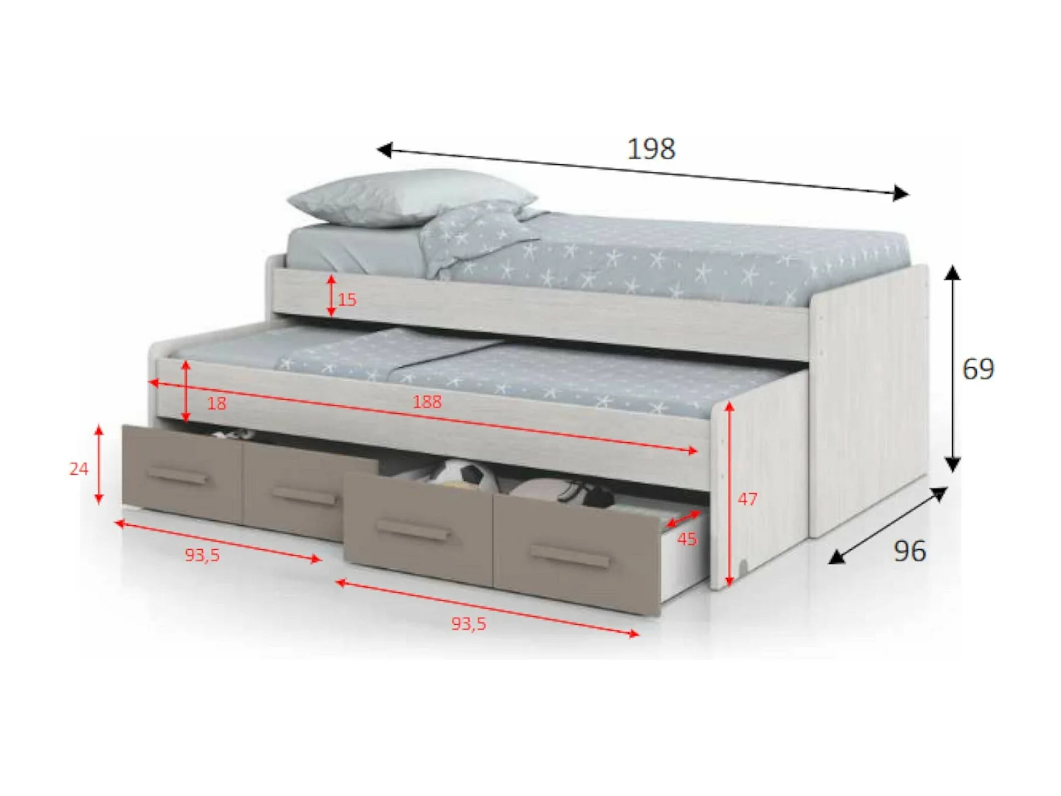 Dmerli eenpersoonsbed, Bedframe voor slaapkamer, Eenpersoonsbed met uitschuifbaar bed en 4 laden, 198x96h69 cm, Wit en Bruin