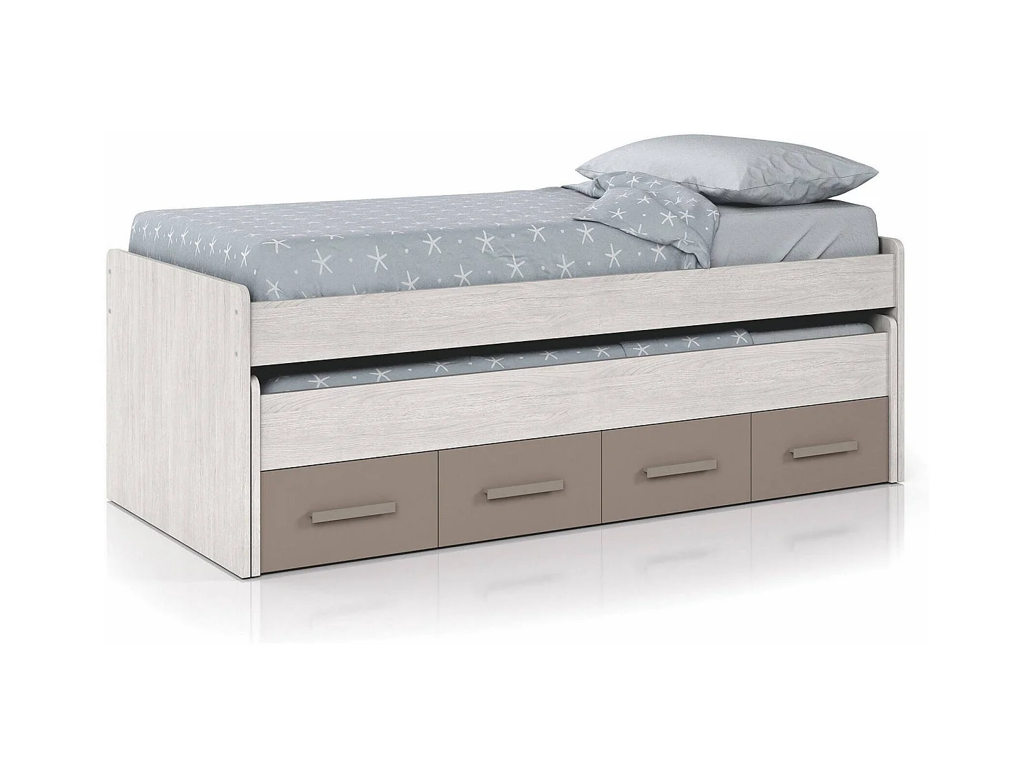 Lit simple Dmerli, Cadre de lit pour chambre à coucher, Lit simple avec lit extractible et 4 tiroirs, 198x96h69 cm, Blanc et Marron