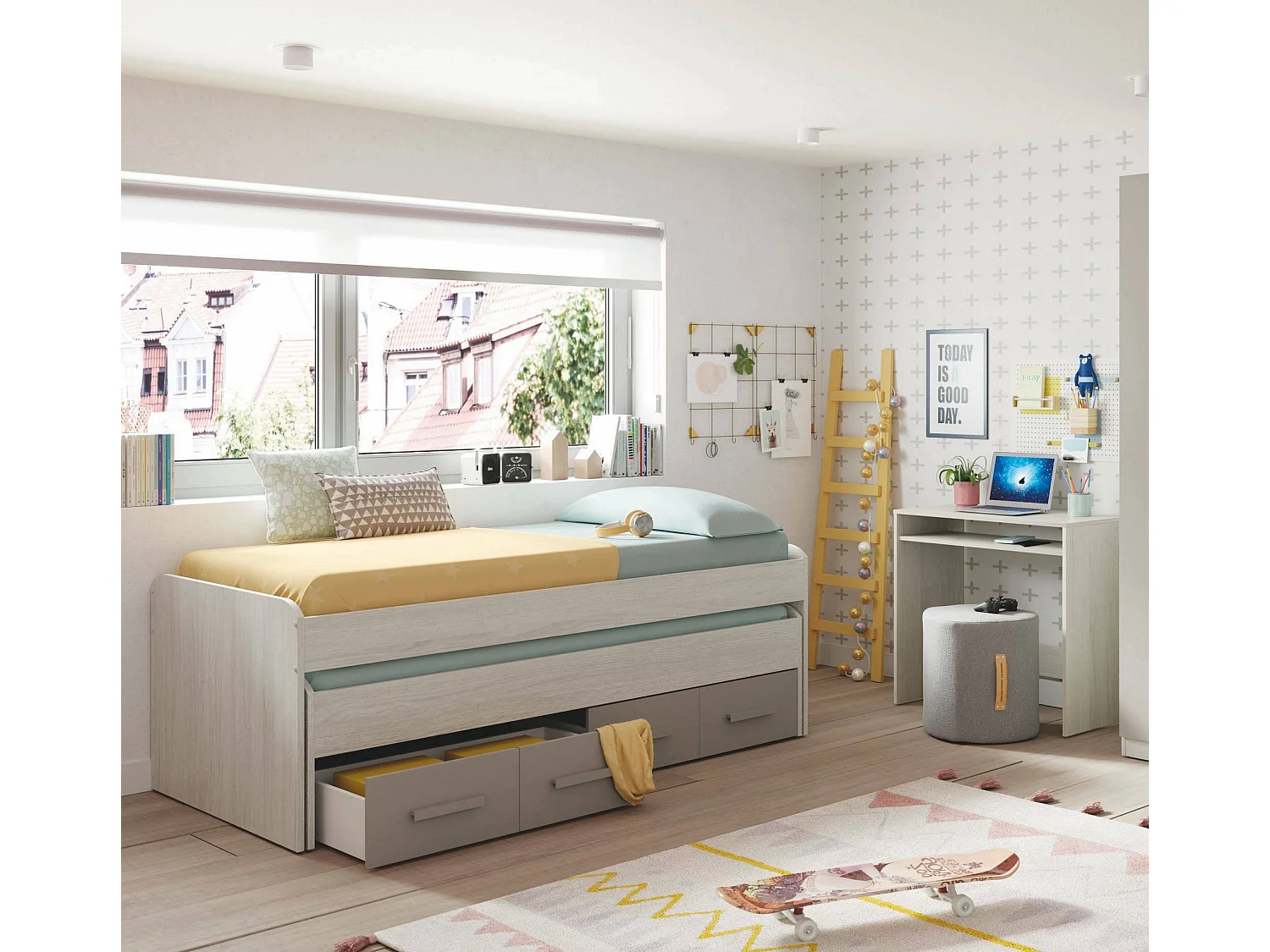 Lit simple Dmerli, Cadre de lit pour chambre à coucher, Lit simple avec lit extractible et 4 tiroirs, 198x96h69 cm, Blanc et Marron