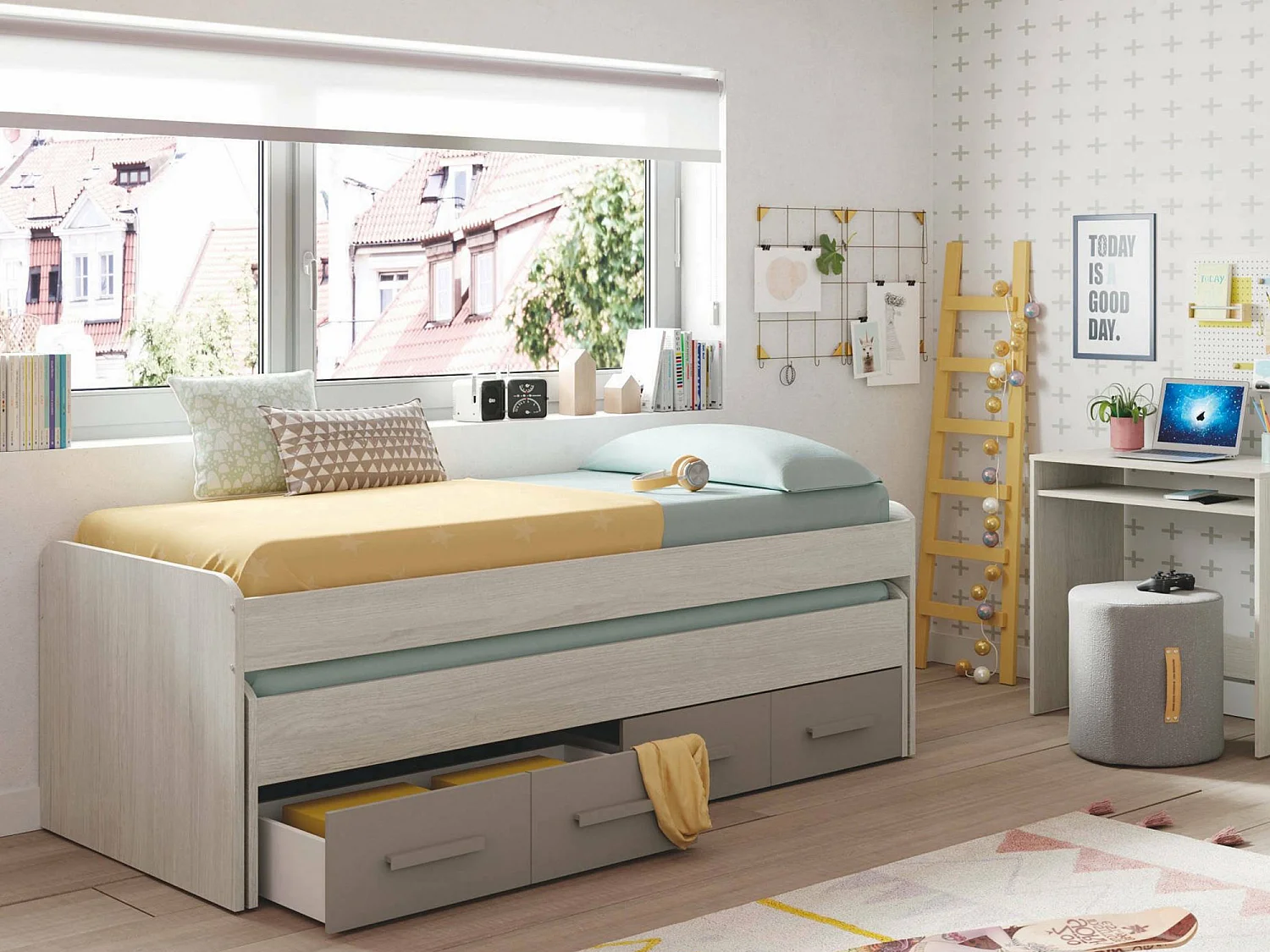 Lit simple Dmerli, Cadre de lit pour chambre à coucher, Lit simple avec lit extractible et 4 tiroirs, 198x96h69 cm, Blanc et Marron