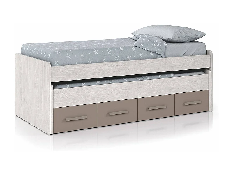 Einzelbett Dmerli, Bettrahmen für Schlafzimmer, Einzelbett mit Ausziehbett und 4 Schubladen, 198x96h69 cm, Holz und Braun