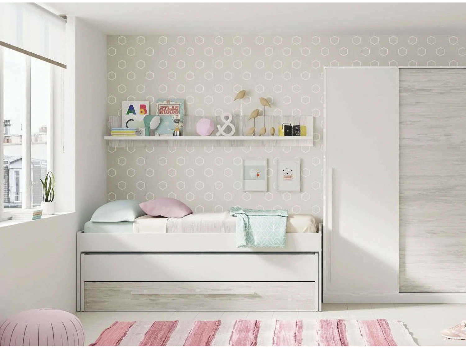 Lit simple Dmialic, Cadre de lit pour chambre à coucher, Lit simple avec lit extractible et tiroir et étagère assortie, 199x96h65 cm, Blanc