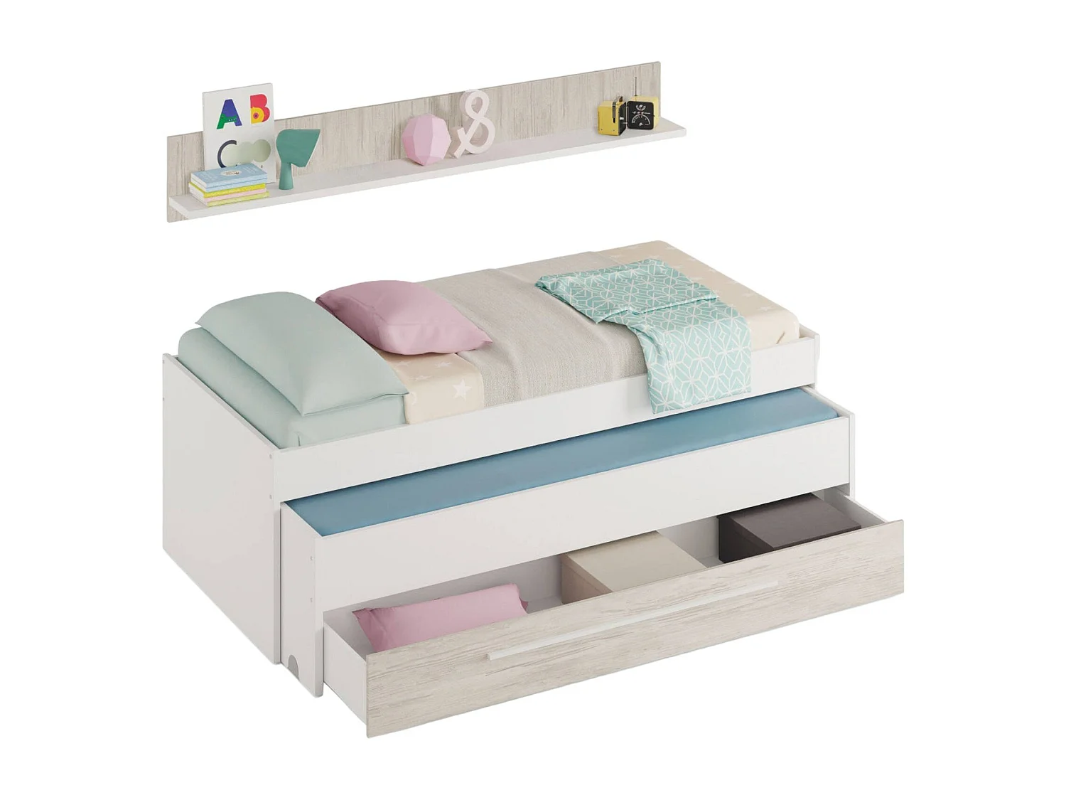 Lit simple Dmialic, Cadre de lit pour chambre à coucher, Lit simple avec lit extractible et tiroir et étagère assortie, 199x96h65 cm, Blanc