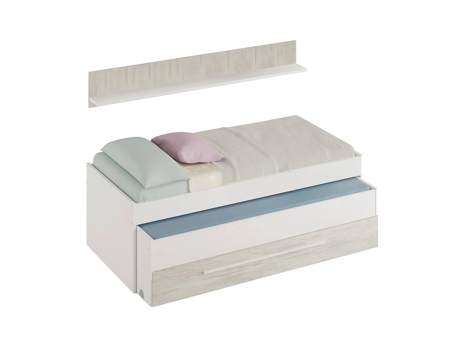 Lit simple Dmialic, Cadre de lit pour chambre à coucher, Lit simple avec lit extractible et tiroir et étagère assortie, 199x96h65 cm, Blanc