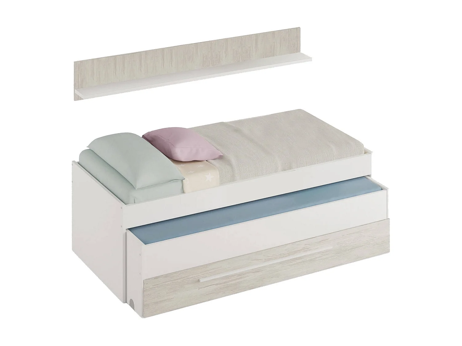 Lit simple Dmialic, Cadre de lit pour chambre à coucher, Lit simple avec lit extractible et tiroir et étagère assortie, 199x96h65 cm, Blanc