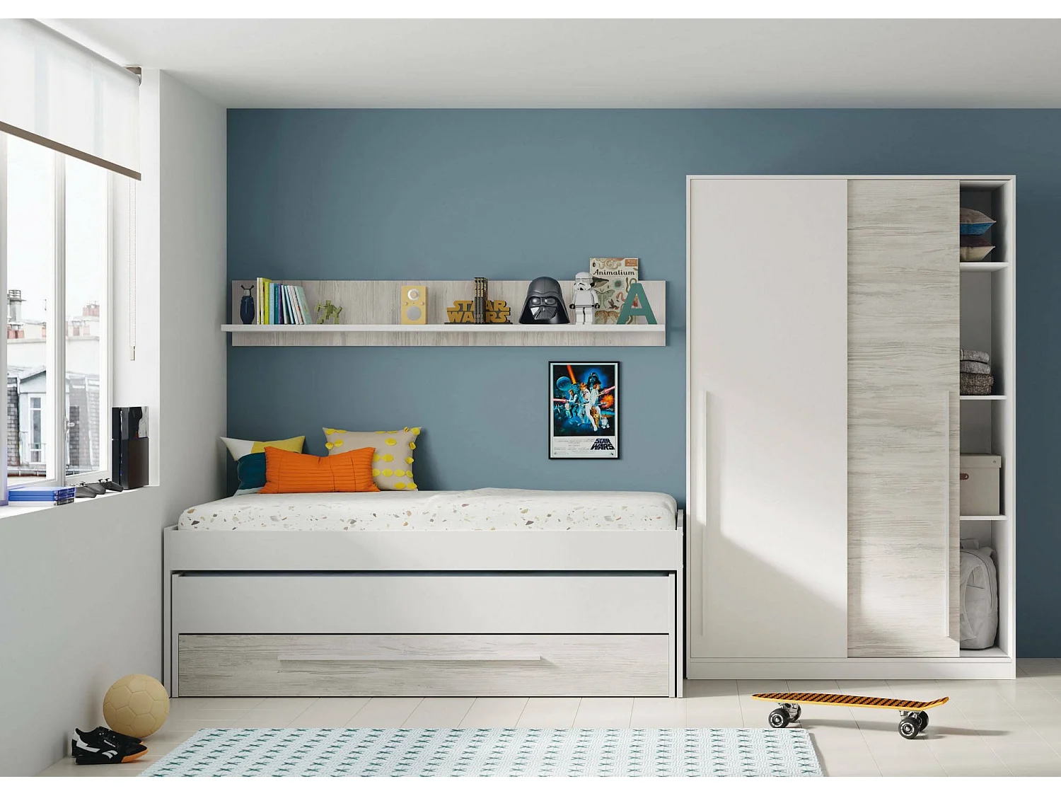 Lit simple Dmialic, Cadre de lit pour chambre à coucher, Lit simple avec lit extractible et tiroir et étagère assortie, 199x96h65 cm, Blanc