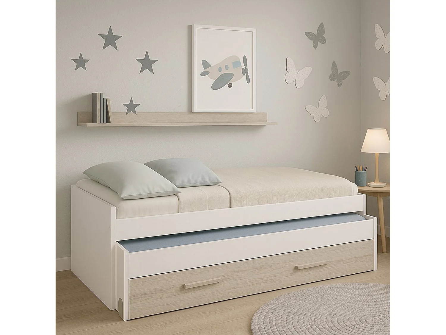 Cama de solteiro Dmialic, Estrutura de cama para quarto, Cama de solteiro com cama extraível e gaveta e prateleira correspondente, 199x96h65 cm, Branco