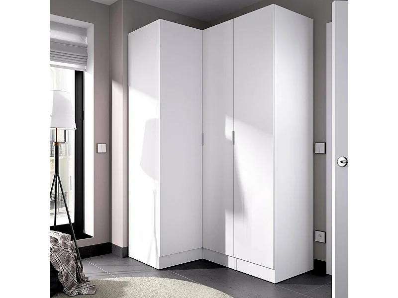 Armoire Dhuar, Armoire d'angle pour chambre à coucher, Armoire d'angle avec 3 portes battantes, 133x91h184 cm, Blanc