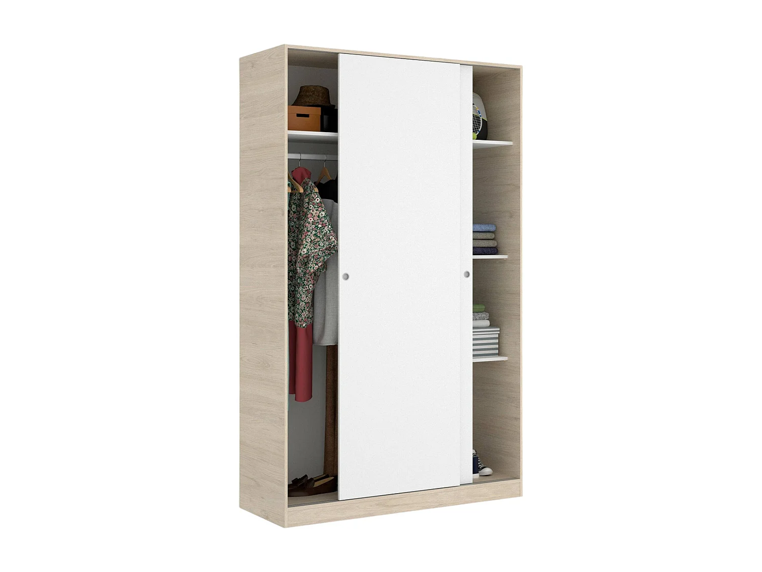 Kleiderschrank Dcapuan, Garderobe für Schlafzimmer, Kleiderschrank mit 2 Schiebetüren, 120x50h204 cm, WeiÃŸ und Eiche