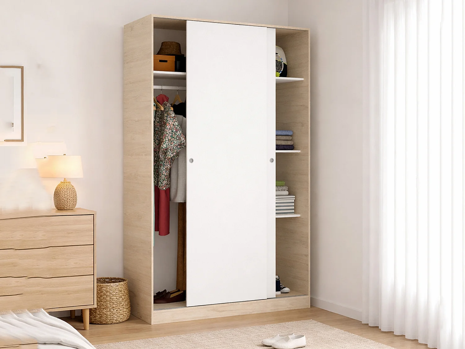 Armario Dcapuan, Perchero para dormitorio, Armario con 2 puertas correderas, 120x50h204 cm, Blanco y Roble