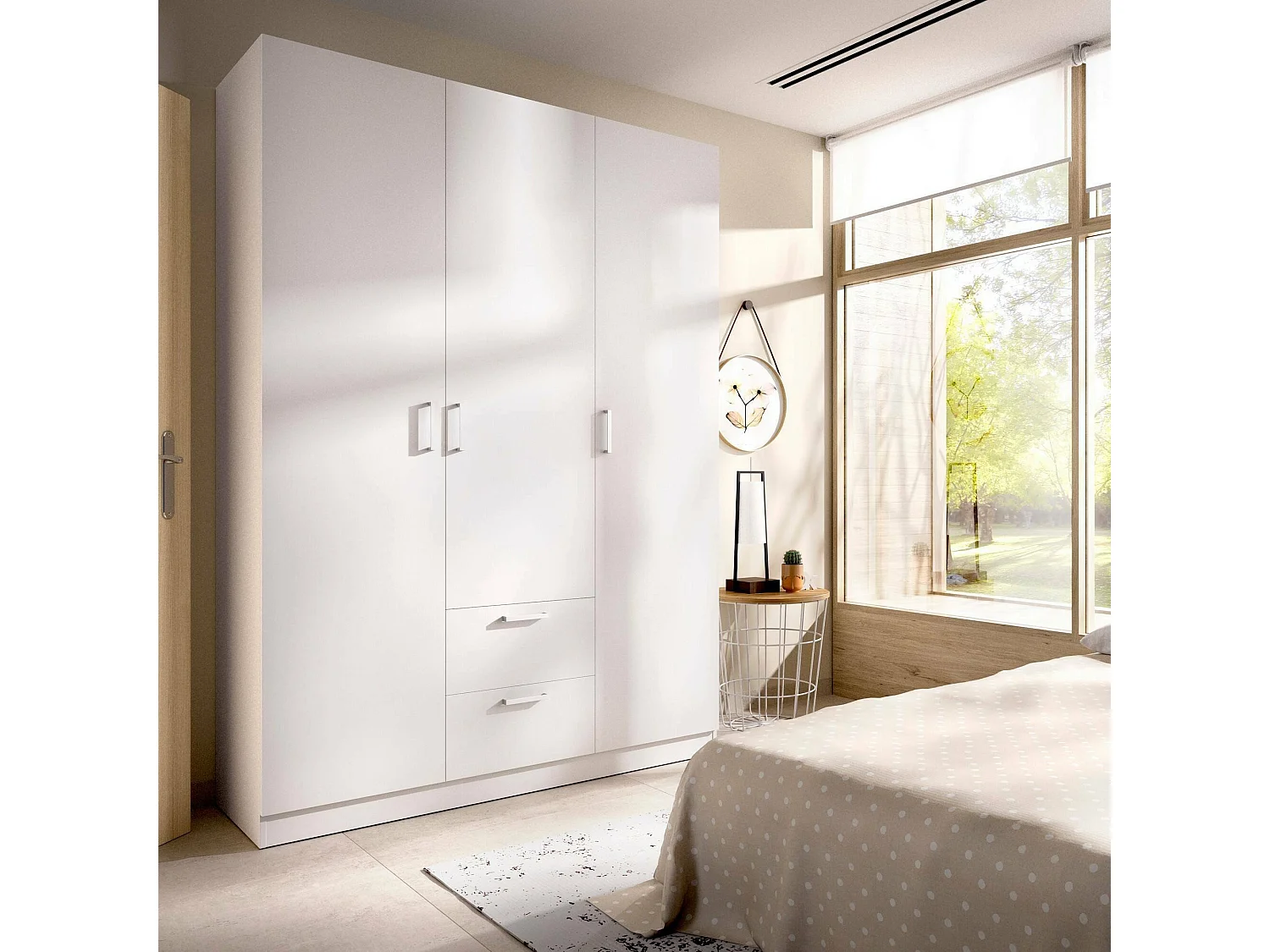 Dacca Armoire, Cintre pour chambre à coucher, Armoire avec 3 portes battantes et 2 tiroirs, 150x52h215 cm, Blanc