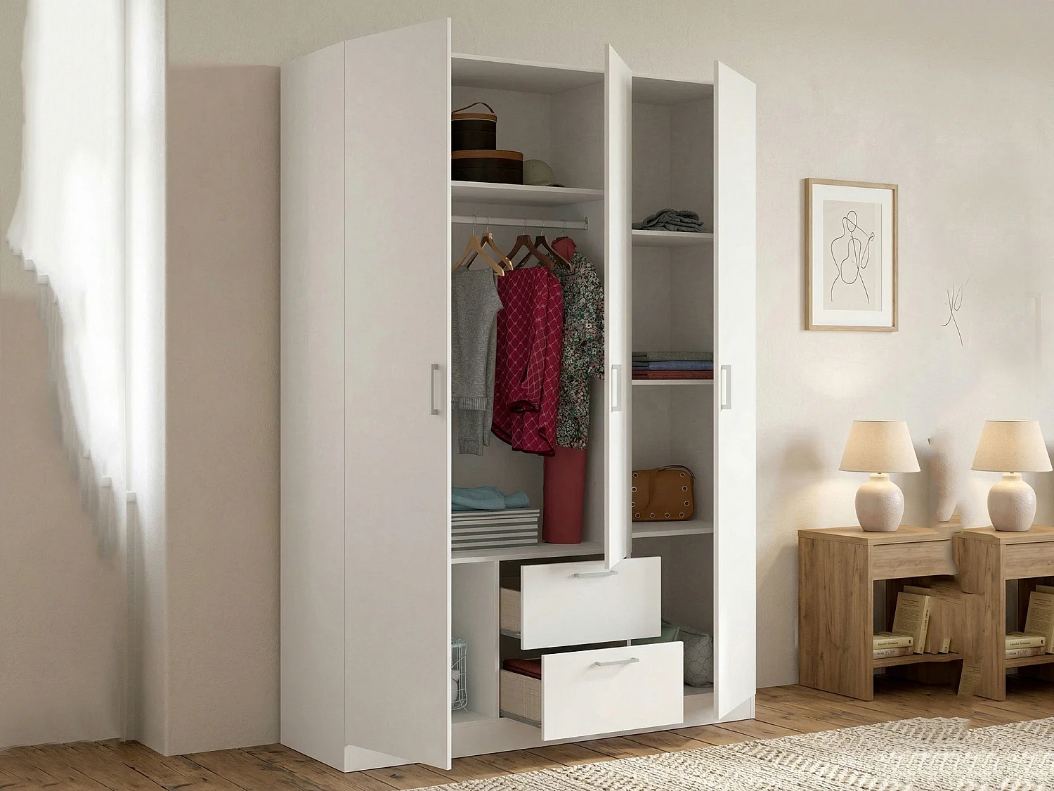 Dacca Armoire, Cintre pour chambre à coucher, Armoire avec 3 portes battantes et 2 tiroirs, 150x52h215 cm, Blanc