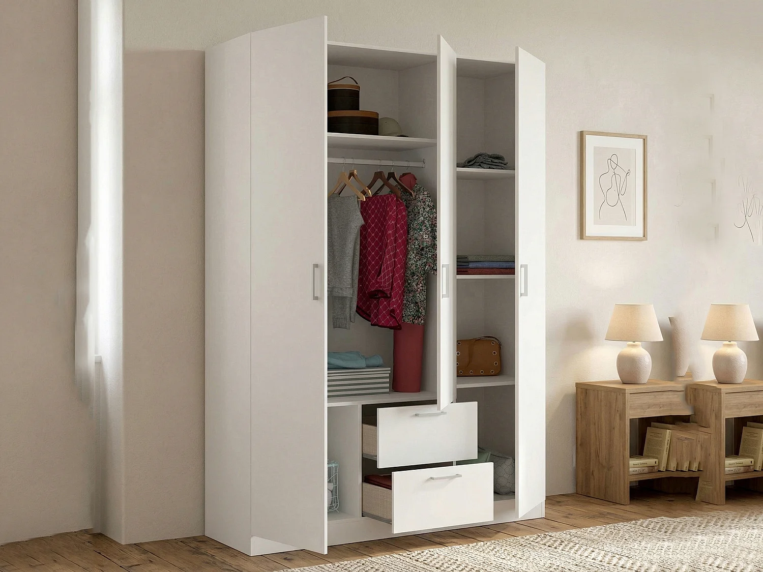 Dacca Armoire, Cintre pour chambre à coucher, Armoire avec 3 portes battantes et 2 tiroirs, 150x52h215 cm, Blanc