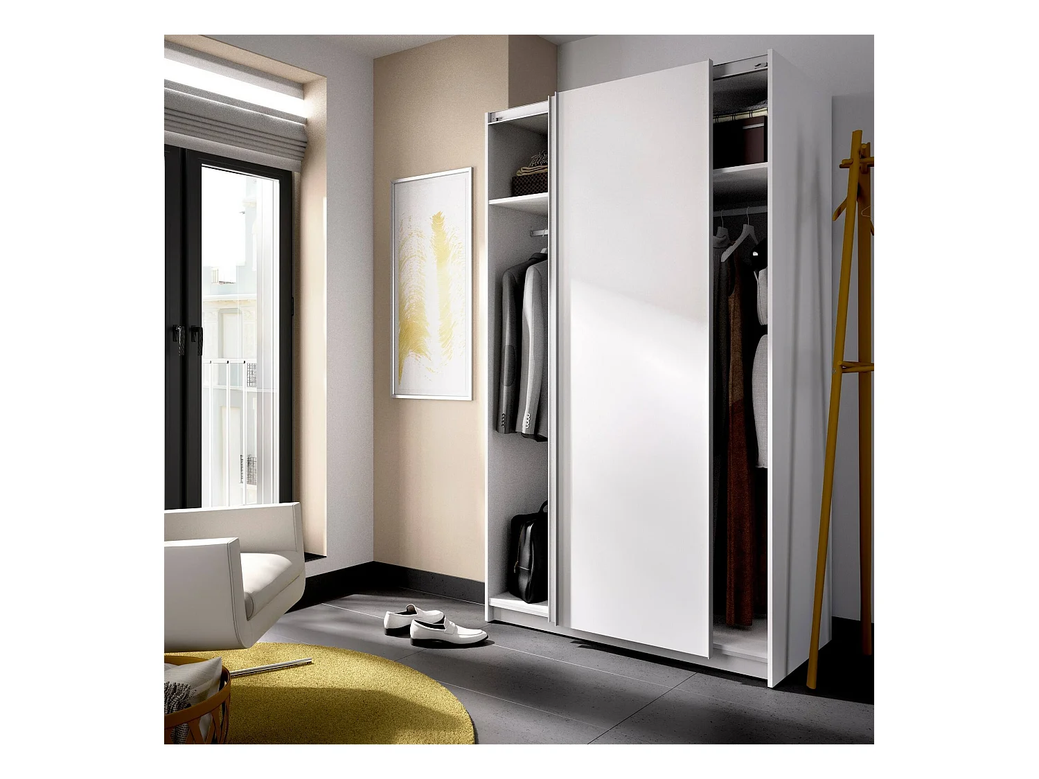 Armoire Dabbou, Cintre pour chambre à coucher, Armoire avec 2 portes coulissantes, 120x65h204 cm, Blanc