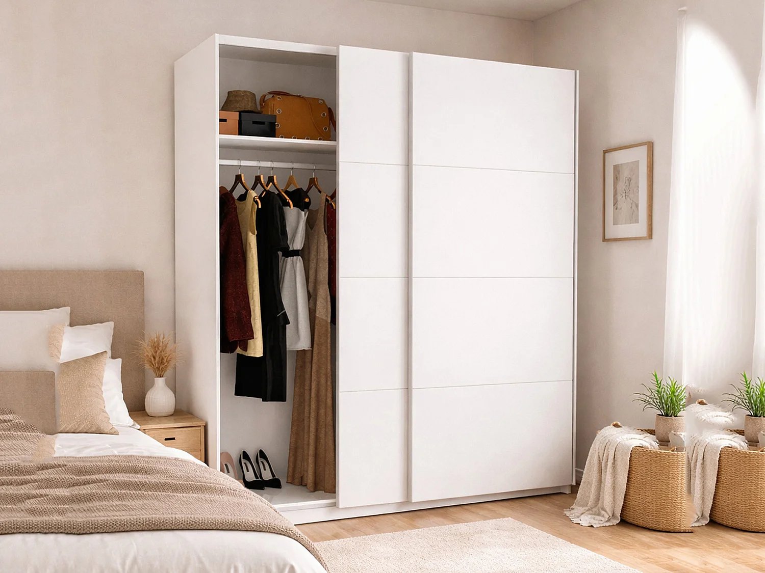 Dmarsic Armoire, Cintre pour chambre à coucher, Armoire avec 2 portes coulissantes, 180x65h204 cm, Blanc