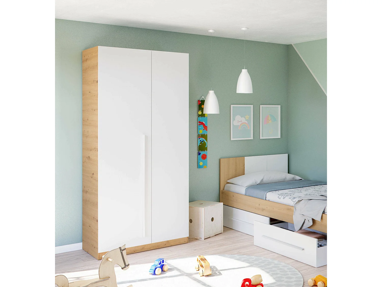 Garderobe Daabec, Schlafzimmer Kleiderschrank mit 2 Flügeltüren, Schrank mit 3 Einlegeböden und Kleiderstange, 90x52h200 cm, Geknotete Eiche und WeiÃŸ