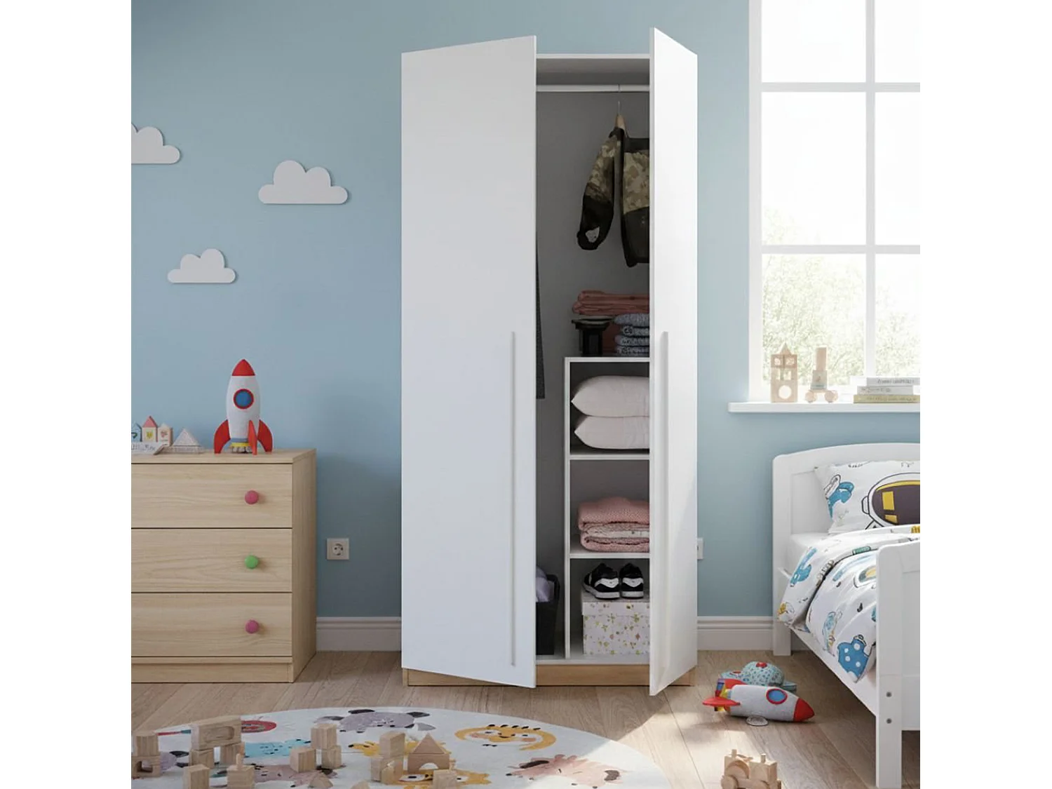 Armoire Daabec, armoire de chambre avec 2 portes battantes, armoire avec 3 étagères et tringle à vêtements, 90x52h200 cm, chêne noueux et blanc